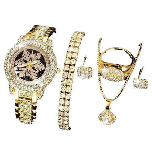 Snowflake Pattern Watch Luxury Full Rhinestone Jewelry Five-piece Set